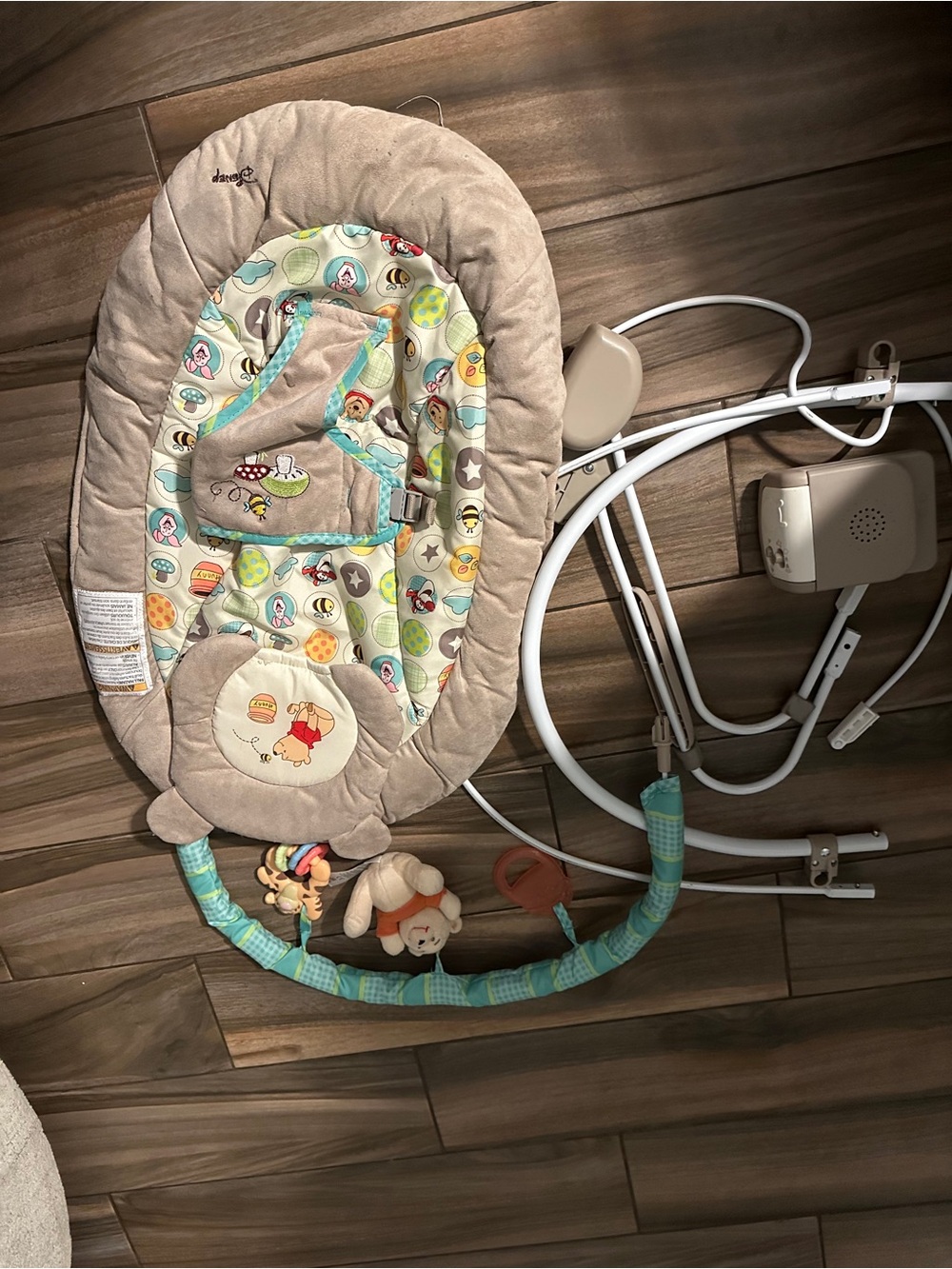 Disney Beige and Aqua Winnie the Pooh Baby Bouncer with Plush Toy Bar